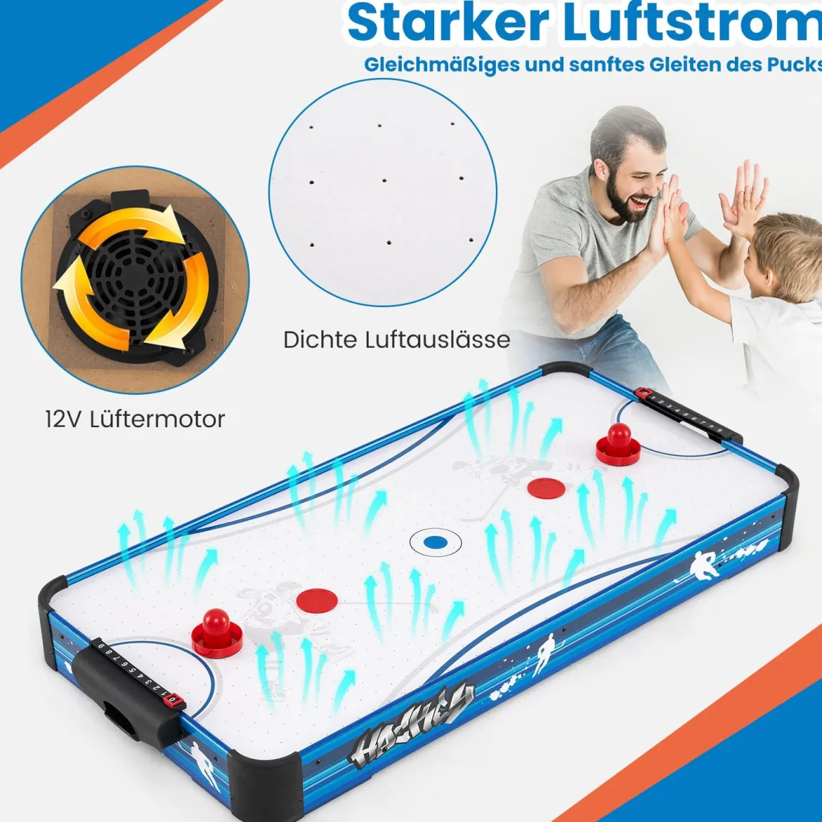 Airhockey Tisch mit 12V Motor & 2 Pucks & 2 Schieber Elektrischer Air Hockey Spieltisch Lufthockey