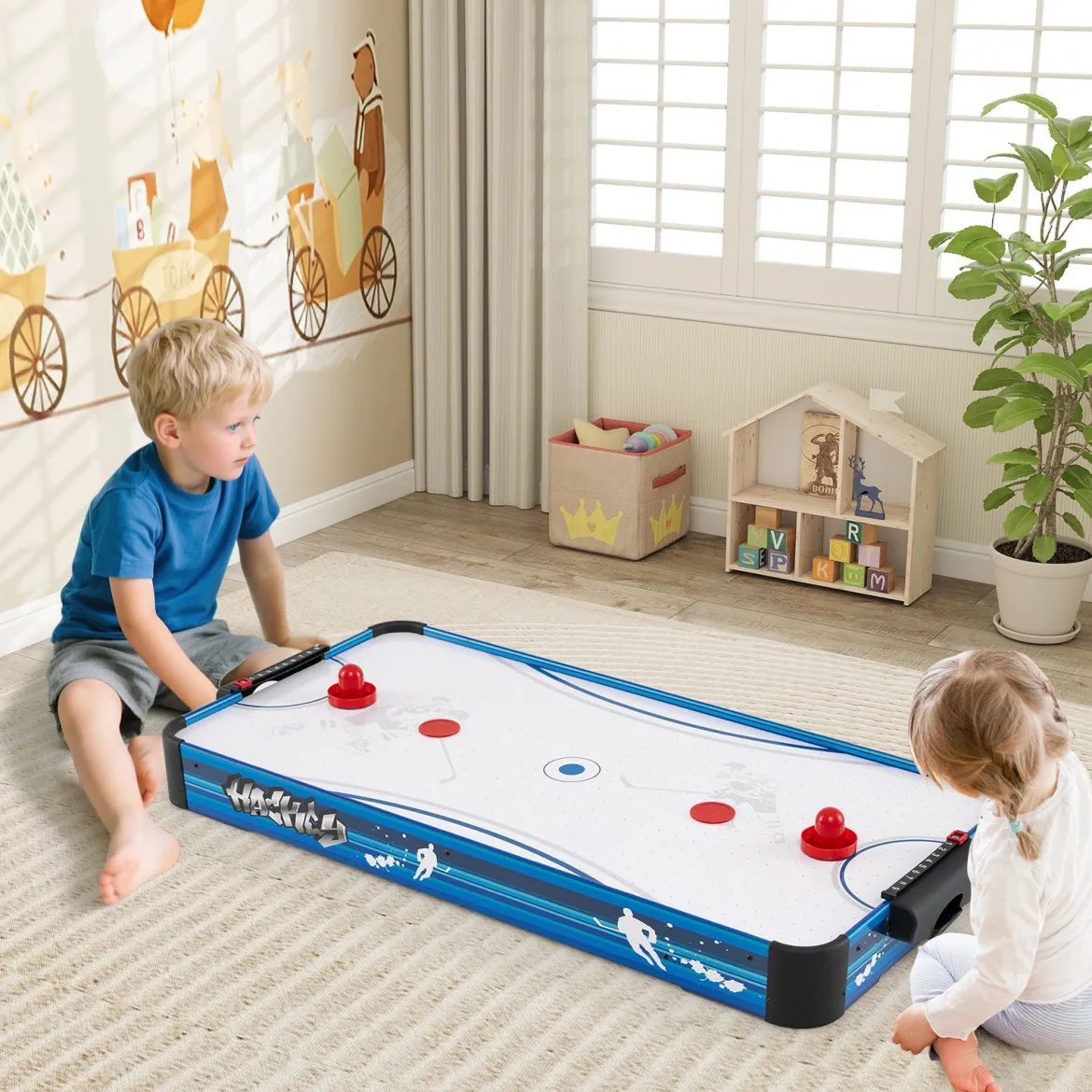 Airhockey Tisch mit 12V Motor & 2 Pucks & 2 Schieber Elektrischer Air Hockey Spieltisch Lufthockey