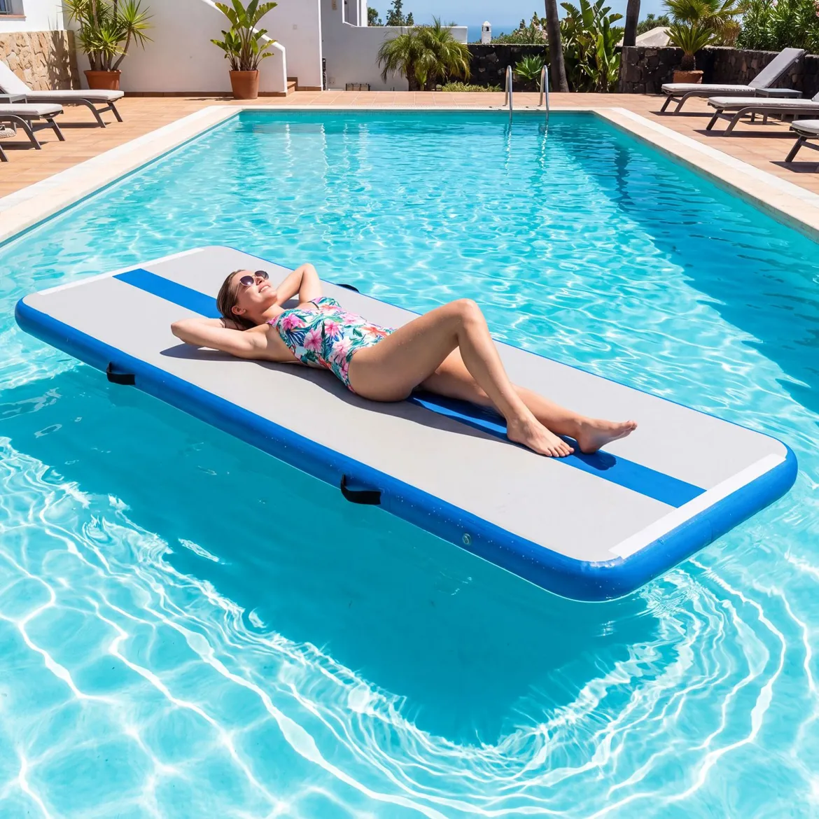 Airtrack Matte Aufblasbare Gymnastikmatte Tragbare Tumbling Matte mit Elektrischer Luftpumpe Blau + Grau