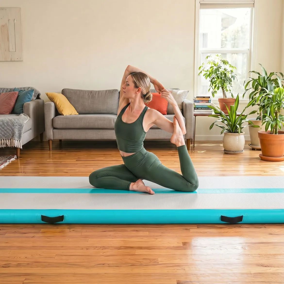 Airtrack Matte Aufblasbare Gymnastikmatte Tragbare Tumbling Matte mit Elektrischer Luftpumpe Grün + Grau