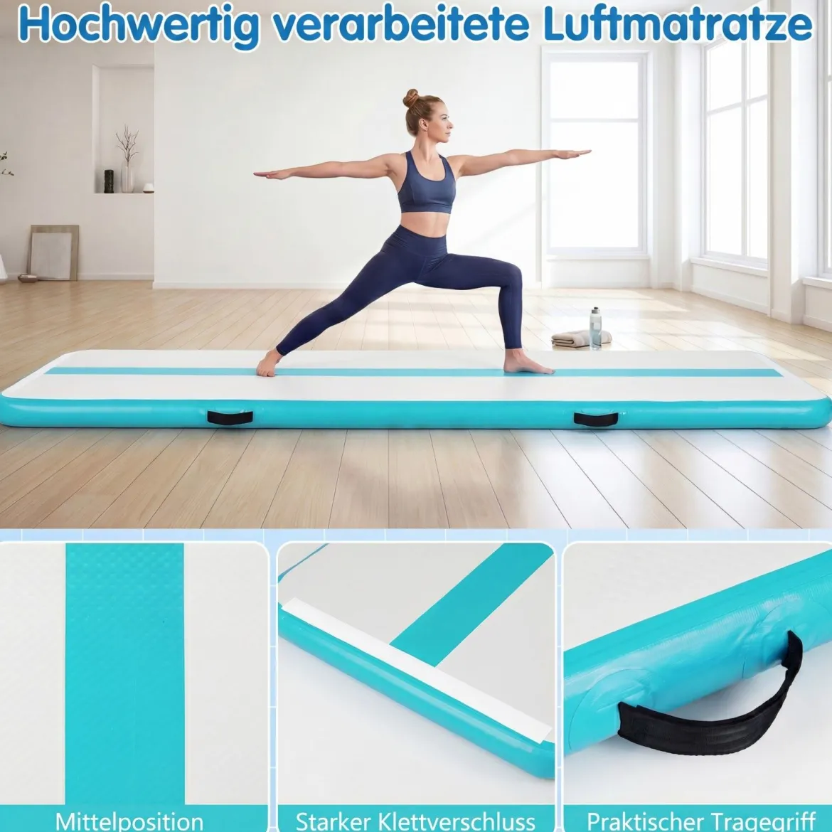 Airtrack Matte Aufblasbare Gymnastikmatte Tragbare Tumbling Matte mit Elektrischer Luftpumpe Grün + Grau