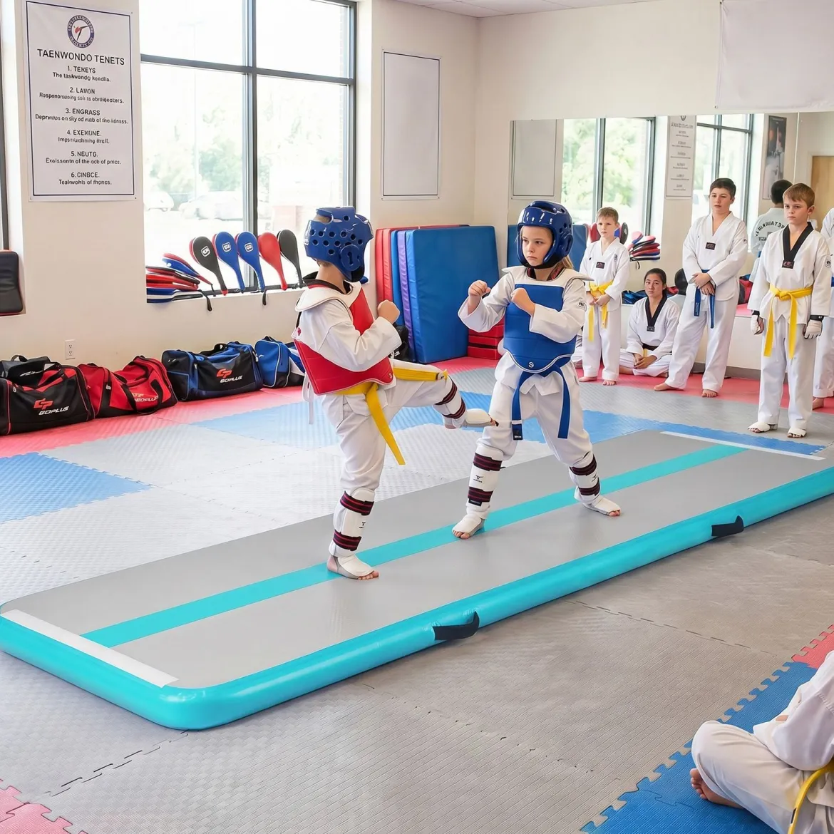 Airtrack Matte Aufblasbare Gymnastikmatte Tragbare Tumbling Matte mit Elektrischer Luftpumpe Grün + Grau