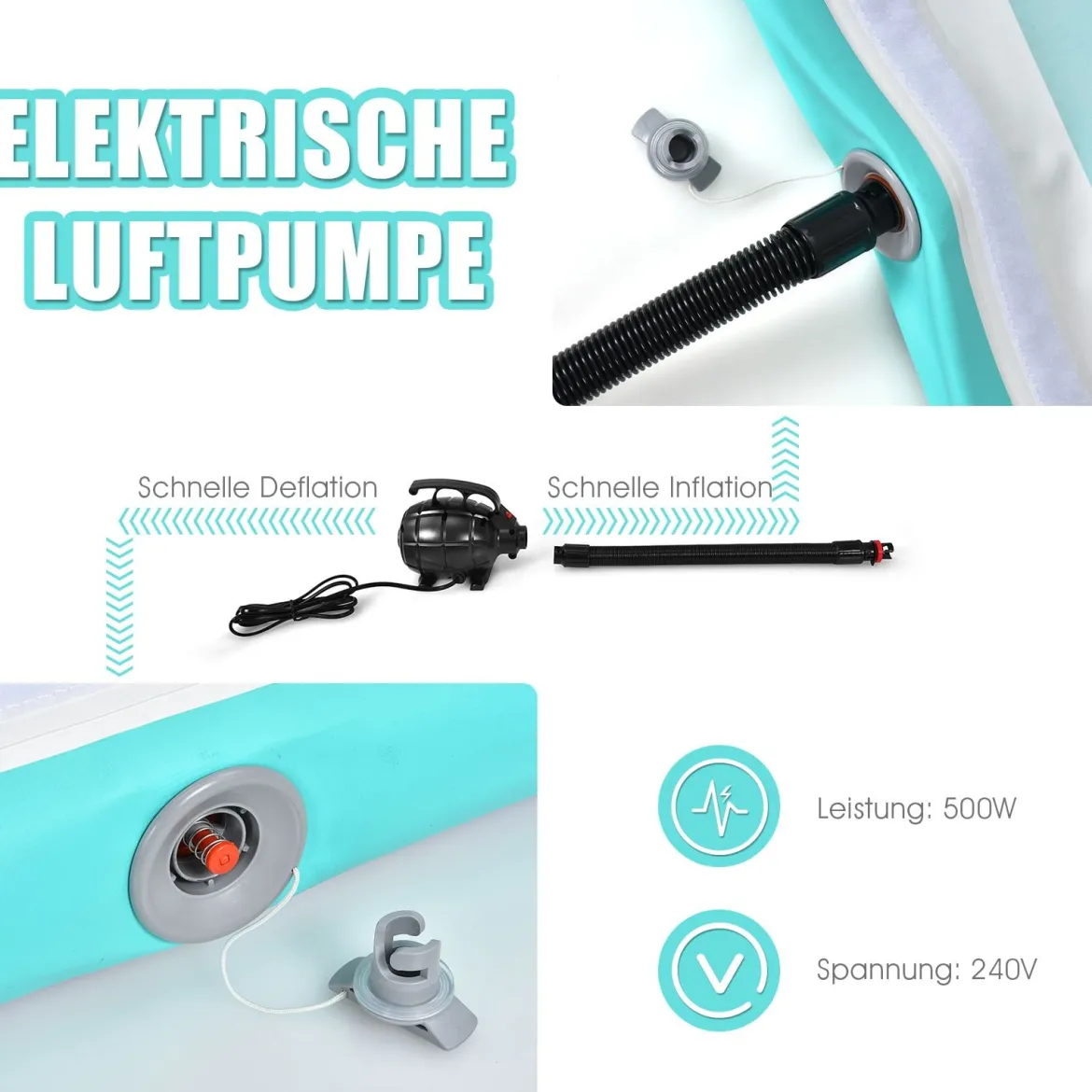 Air Track mit elektrischer Pumpe aufblasbare Turnmatte 300 x 100 x 10 cm Grün