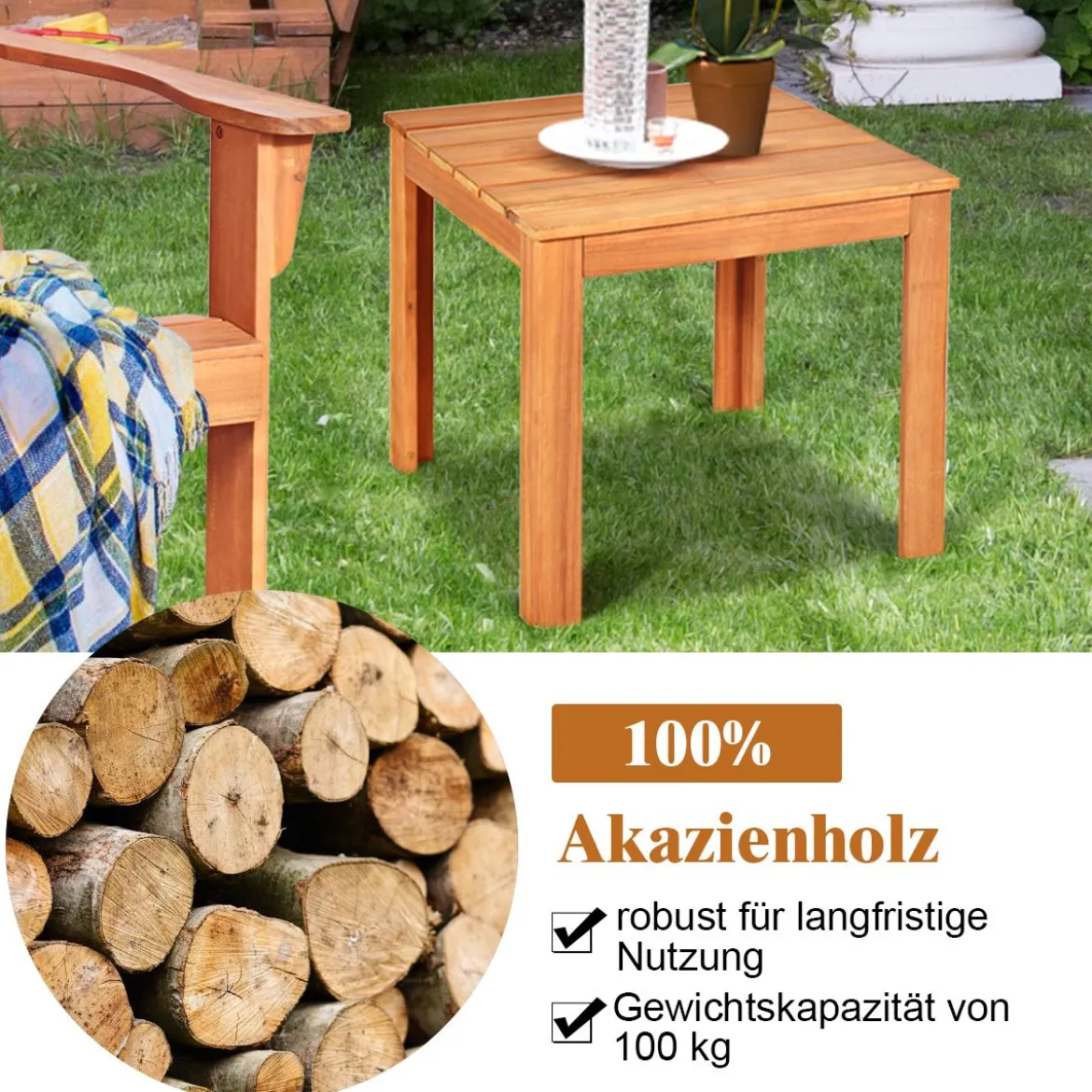 Akazienholz Beistelltisch mit Ölbehandelter Oberfläche Quadratischer & Robuster Kaffeetisch
