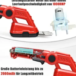 Akku Gras- und Strauchschere Kabellose Grasschere mit 2 Klingen 3,6V 2000mAh 11,5 cm Rot