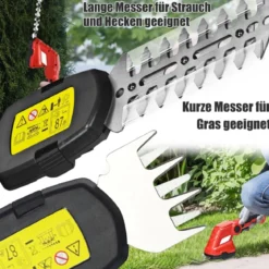 Akku Gras- und Strauchschere Kabellose Grasschere mit 2 Klingen 3,6V 2000mAh 11,5 cm Rot