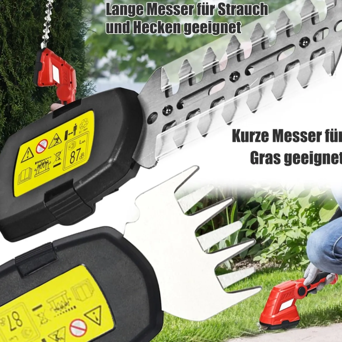 Akku Gras- und Strauchschere Kabellose Grasschere mit 2 Klingen 3,6V 2000mAh 11,5 cm Rot