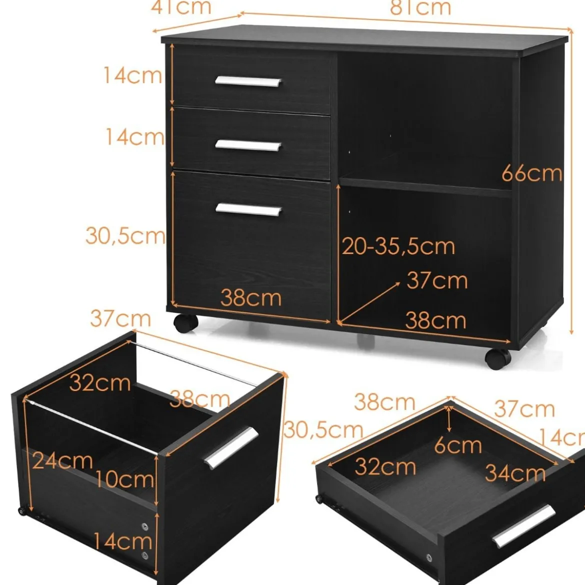 Aktenschrank mit 3 Schubladen Mobiler Büroschrank auf Rädern 81 x 41 x 66 cm Schwarz