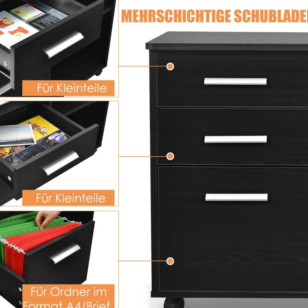 Aktenschrank mit 3 Schubladen Mobiler Büroschrank auf Rädern 81 x 41 x 66 cm Schwarz