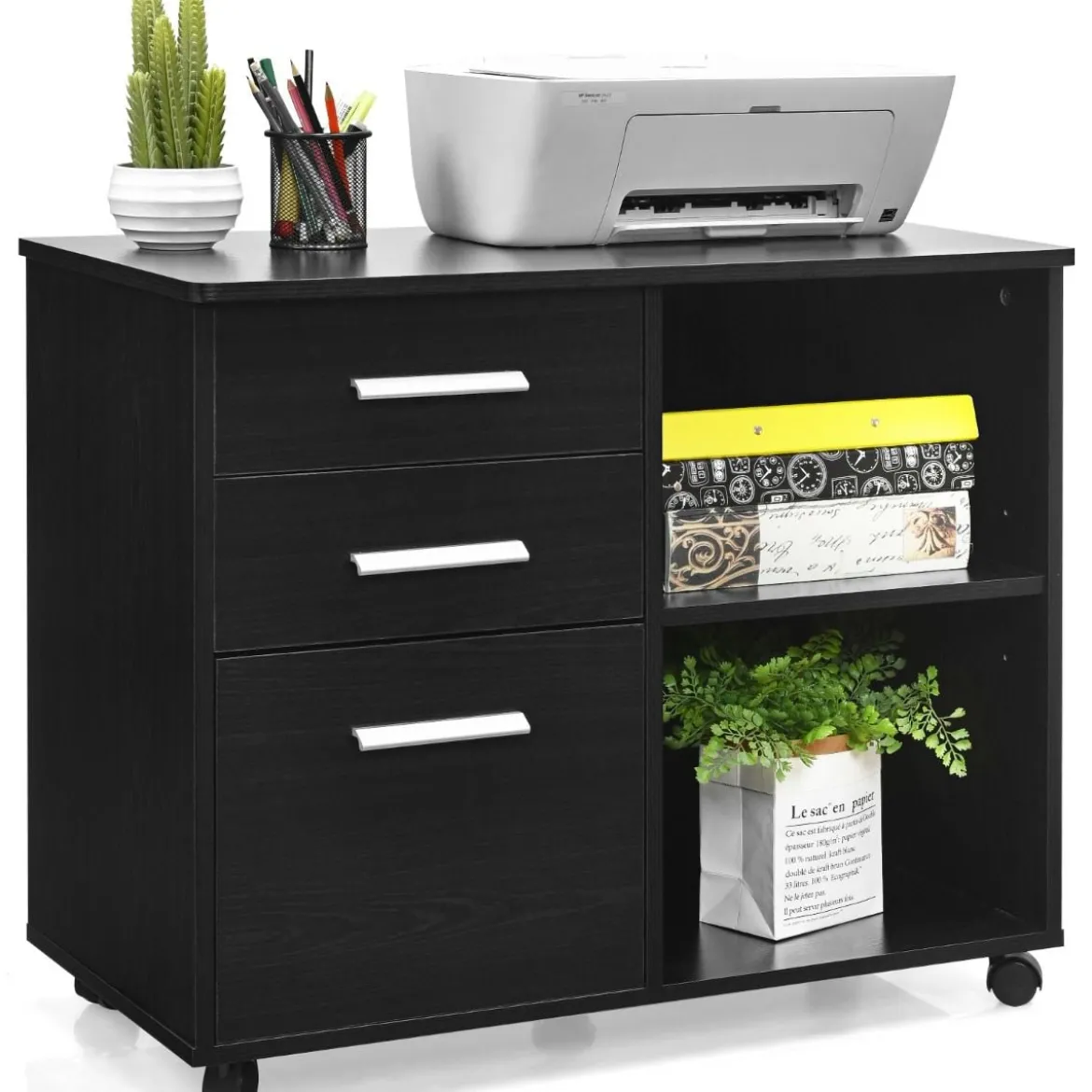 Aktenschrank mit 3 Schubladen Mobiler Büroschrank auf Rädern 81 x 41 x 66 cm Schwarz