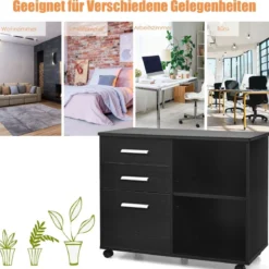 Aktenschrank mit 3 Schubladen Mobiler Büroschrank auf Rädern 81 x 41 x 66 cm Schwarz