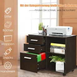 Aktenschrank mit 3 Schubladen Mobiler Büroschrank auf Rädern 81 x 41 x 66 cm Braun