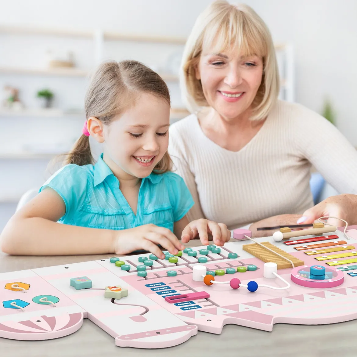 Aktivitätswand für Kleinkinder 11-in-1 Montessori Holz-Wandspielzeug für Bildung & frühkindliche Entwicklung Rosa