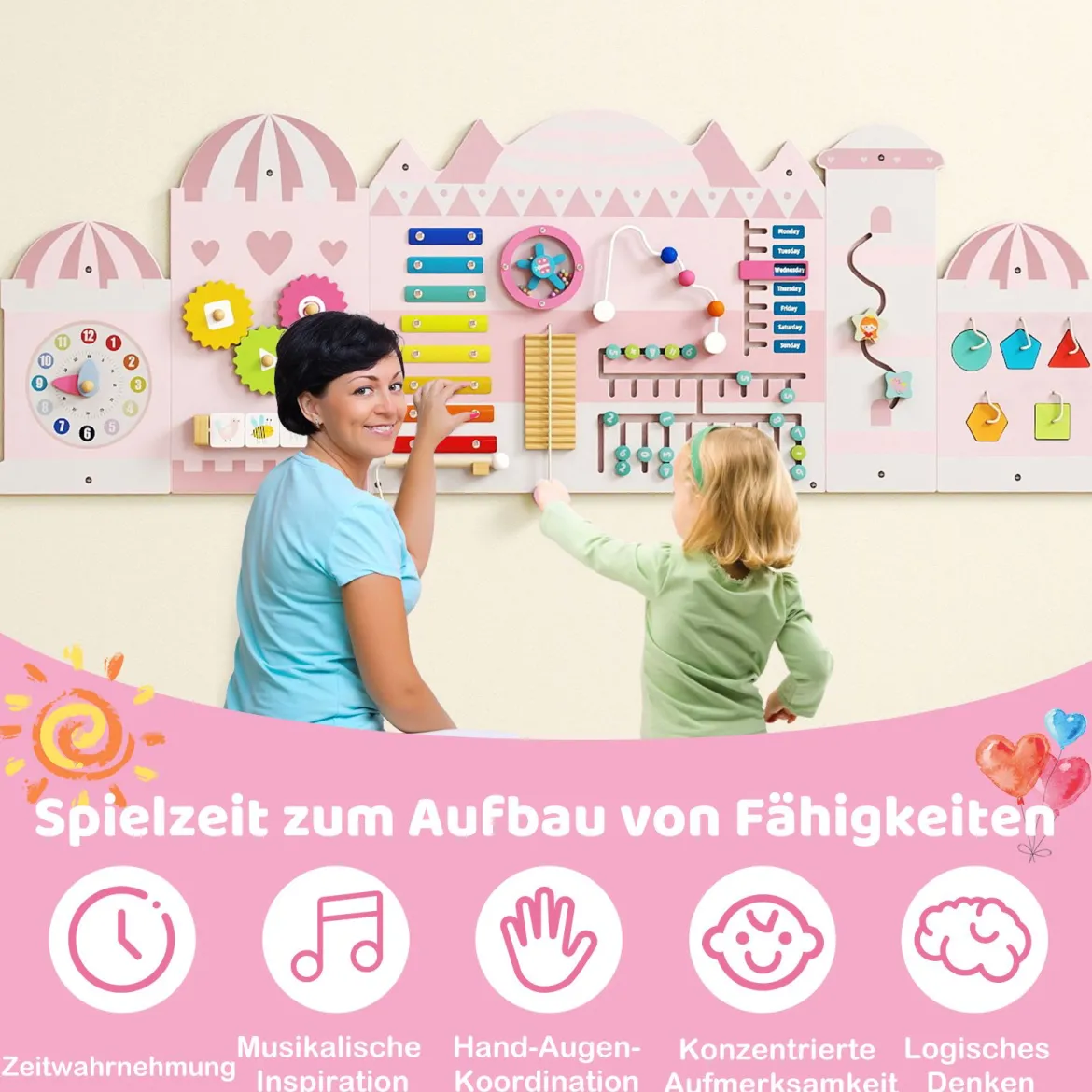 Aktivitätswand für Kleinkinder 11-in-1 Montessori Holz-Wandspielzeug für Bildung & frühkindliche Entwicklung Rosa