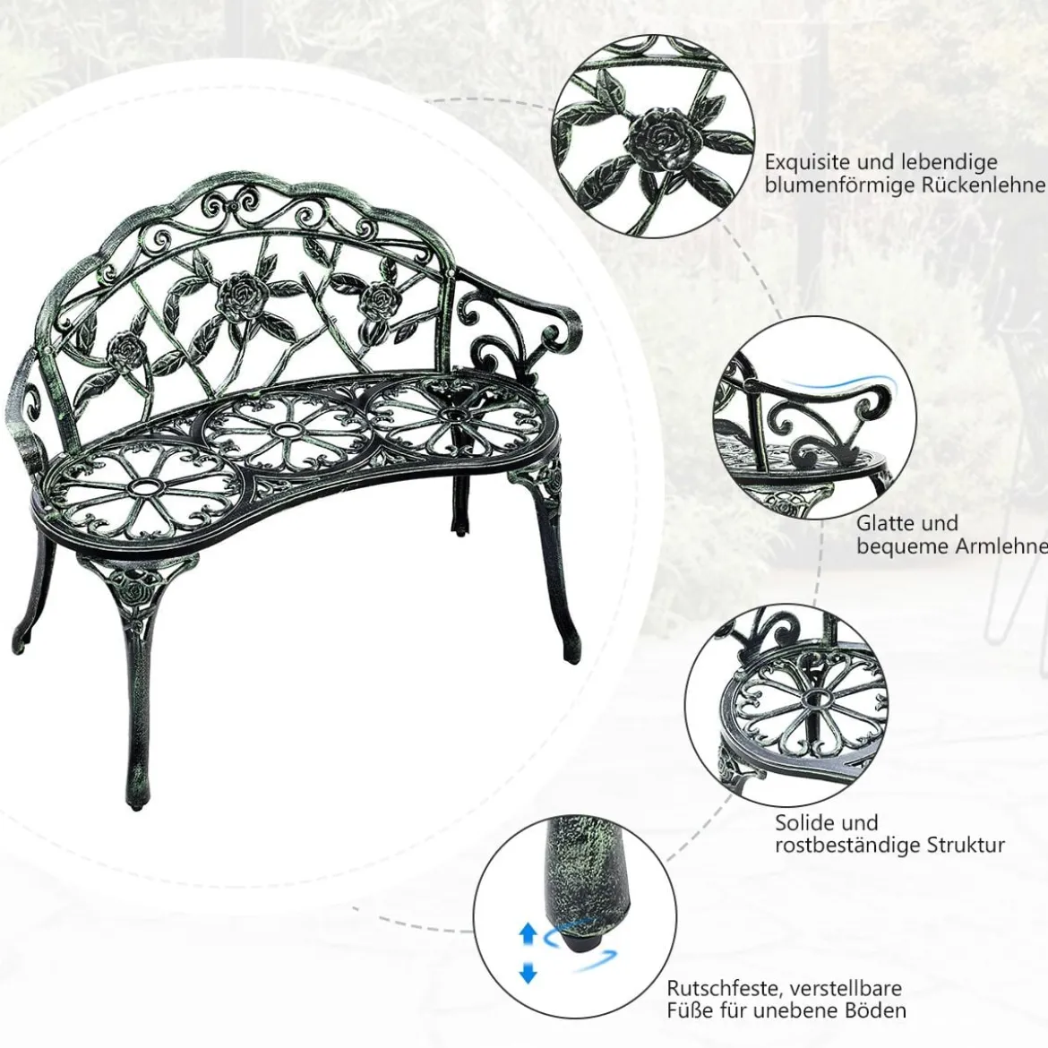 Akzent-Gartenbank Parkbank auf Aluminium und Eisen99 x 54 x 78,5 cm Antikes Grün
