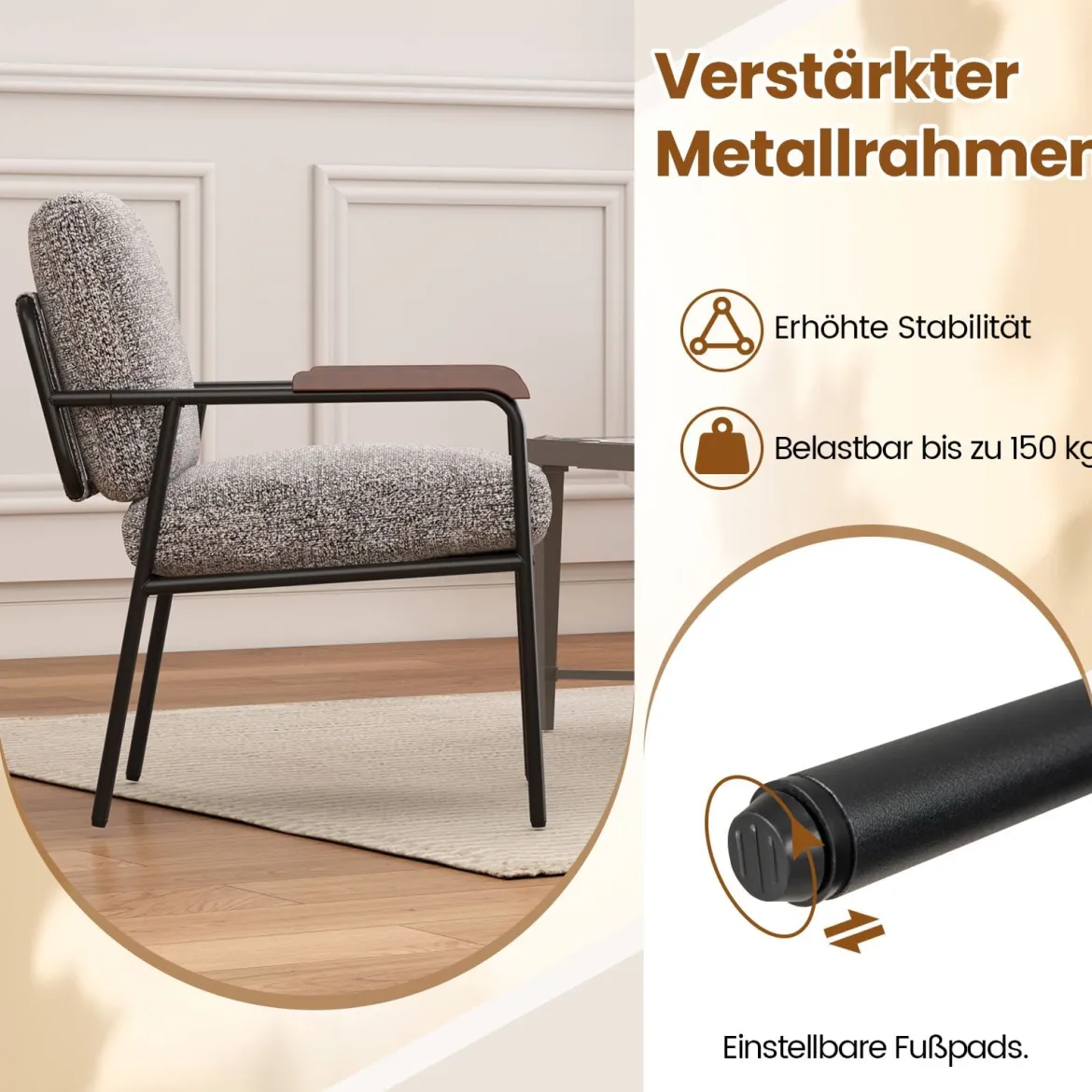 Akzentstuhl mit Rückenkissen & Breiter Gepolsterter Sitz Wohnzimmerstuhl LesesesselGrau