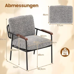 Akzentstuhl mit Rückenkissen & Breiter Gepolsterter Sitz Wohnzimmerstuhl LesesesselGrau
