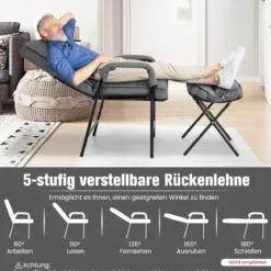 Akzentstuhl + Ottomane aus Leinenstoff mit Verstellbarer Rückenlehne & Metallrahmen Grau