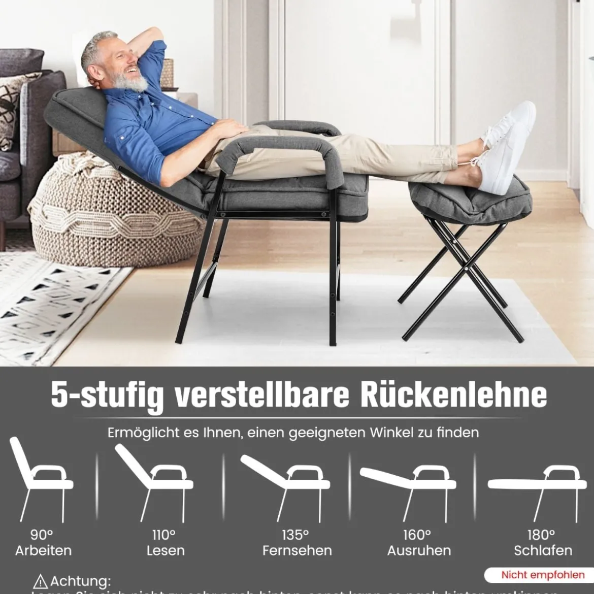 Akzentstuhl + Ottomane aus Leinenstoff mit Verstellbarer Rückenlehne & Metallrahmen Grau