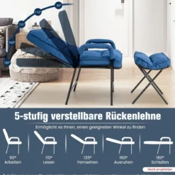 Akzentstuhl + Ottomane aus Leinenstoff mit Verstellbarer Rückenlehne& Metallrahmen Blau