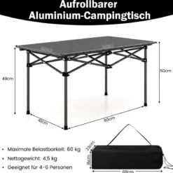 Aluminium Campingtisch für 4-6 Personen klappbarer Picknicktisch mit Tragetasche Schwarz