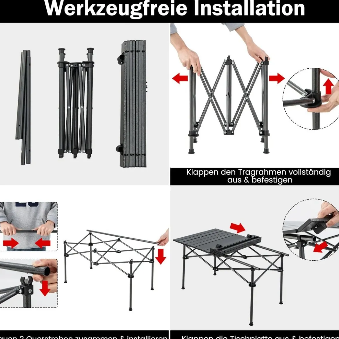 Aluminium Campingtisch für 4-6 Personen klappbarer Picknicktisch mit Tragetasche Schwarz