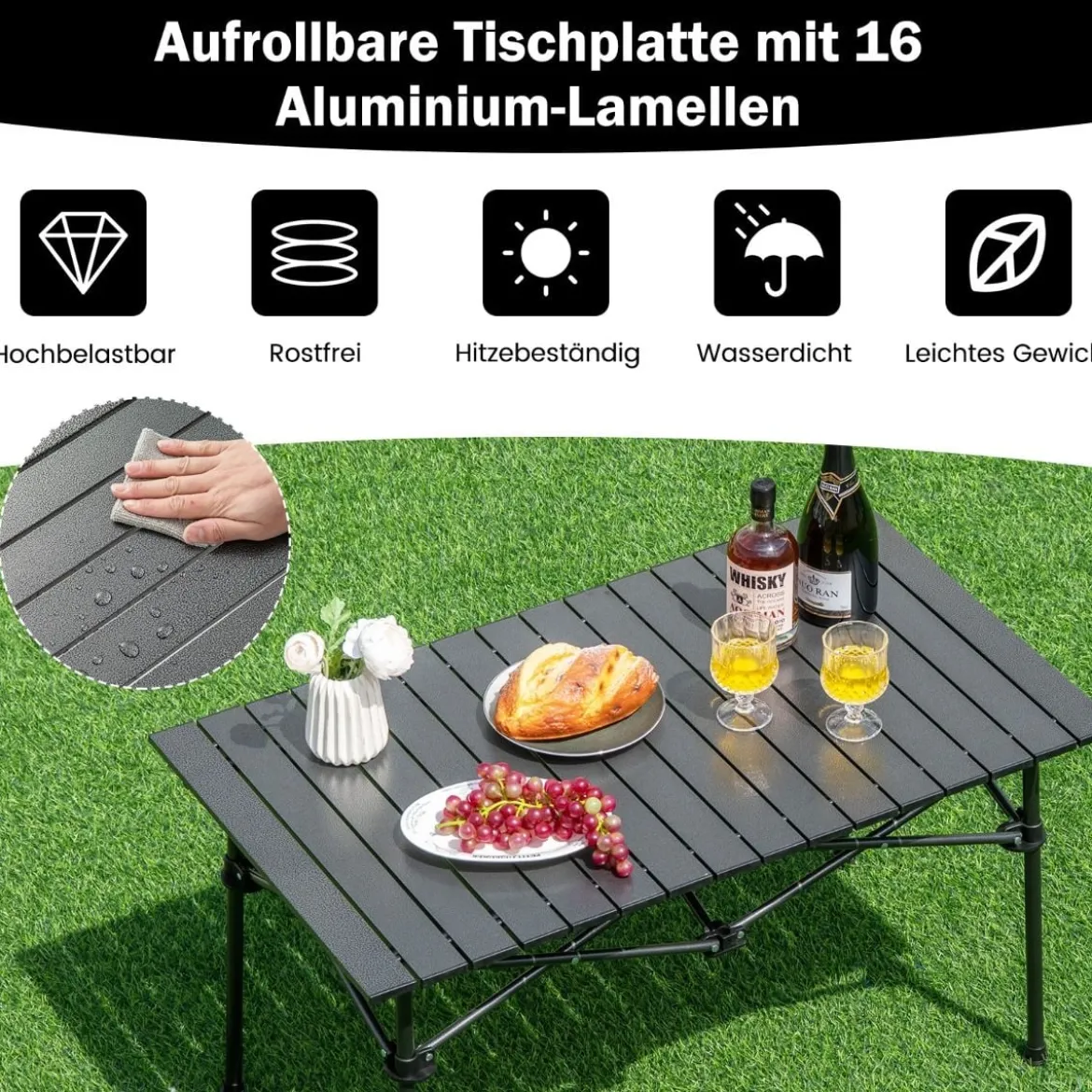 Aluminium Campingtisch für 4-6 Personen klappbarer Picknicktisch mit Tragetasche Schwarz