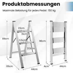 Aluminium Trittleiter mit Breiten Rutschfesten Stufen Klappbarer Stehleiter bis 150 kg Silber
