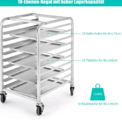 Alu Tablettwagen für 10 Tabletts mit Bremse Regalwagen bis 15 kg pro Blech Servierwagen