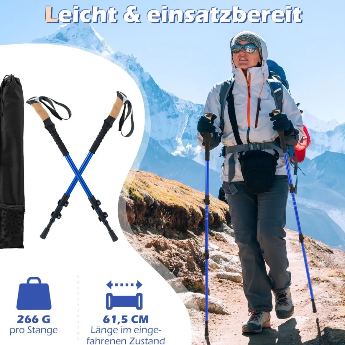 Alu Trekkingstöcke mit EVA- & Naturkork-Griffen Ausziehbares WanderstöckeWalking Stöcke Blau