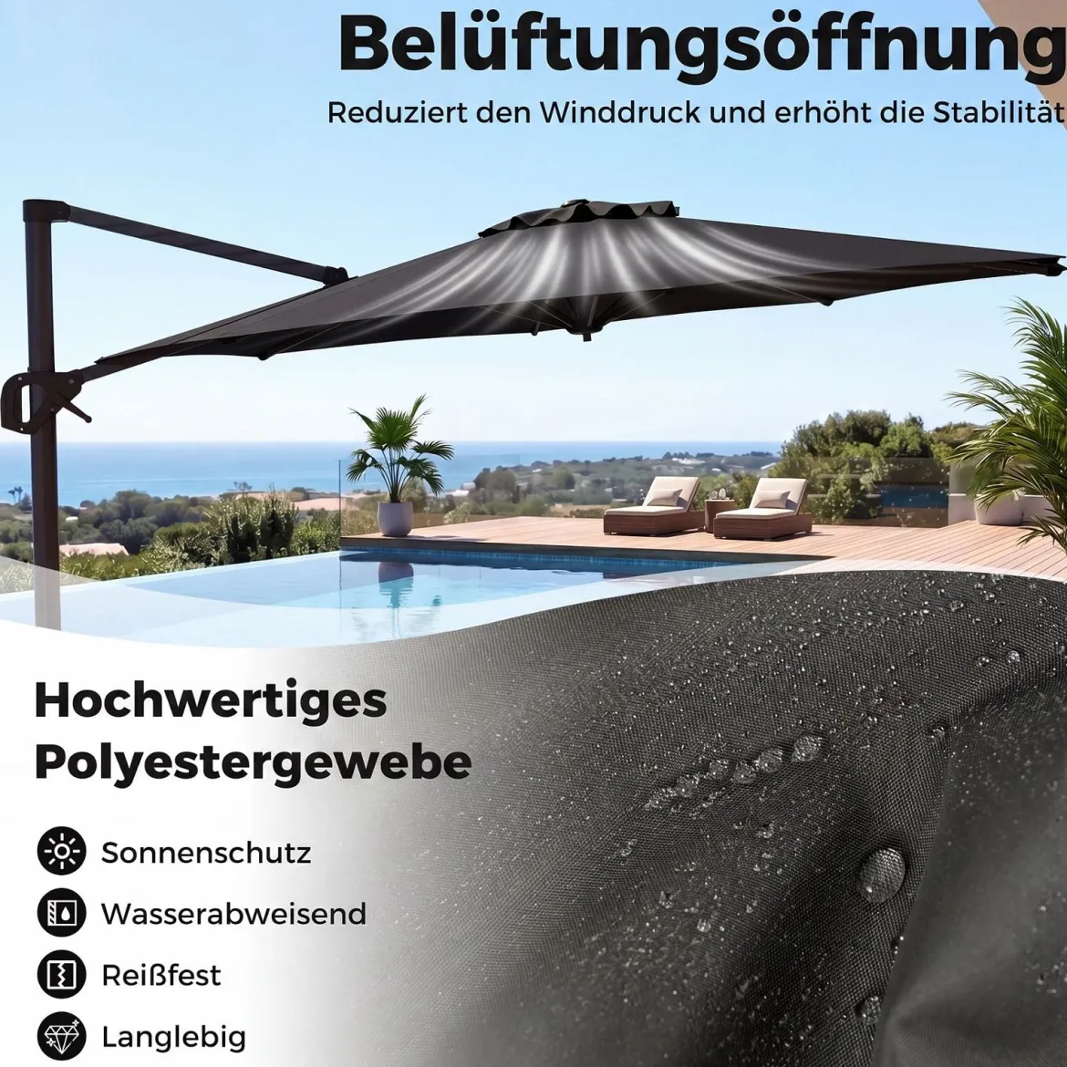 Ampelschirm Ø 300 cm Neigbarer Sonnenschirm 360° Drehbar mit Kurbel & Fußpedal Beige/Grau