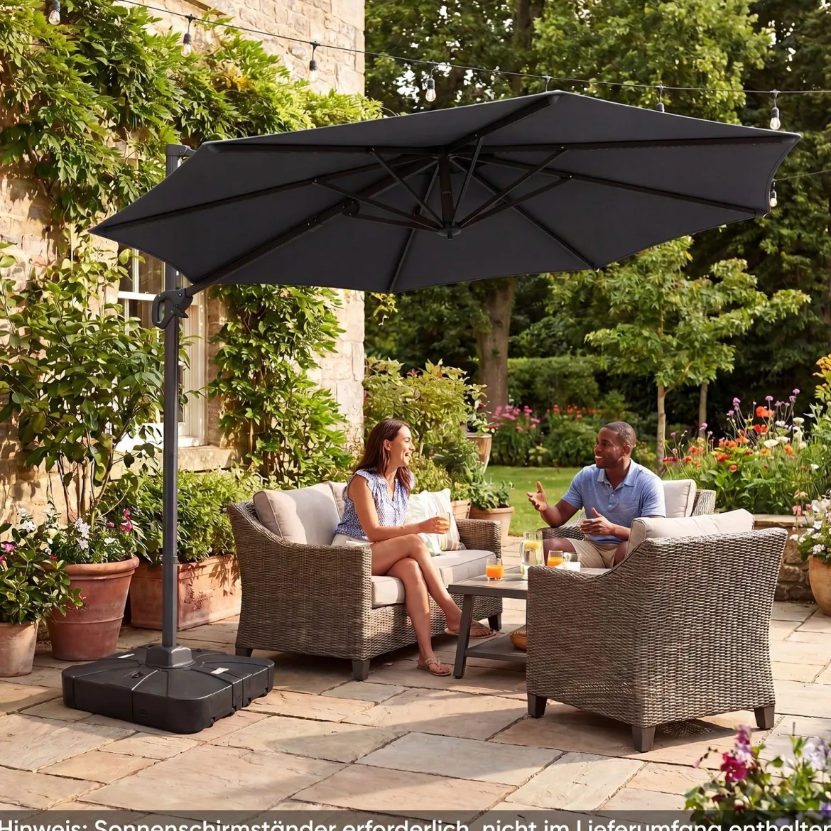 Ampelschirm Ø 300 cm Neigbarer Sonnenschirm 360° Drehbar mit Kurbel & Fußpedal Beige/Grau