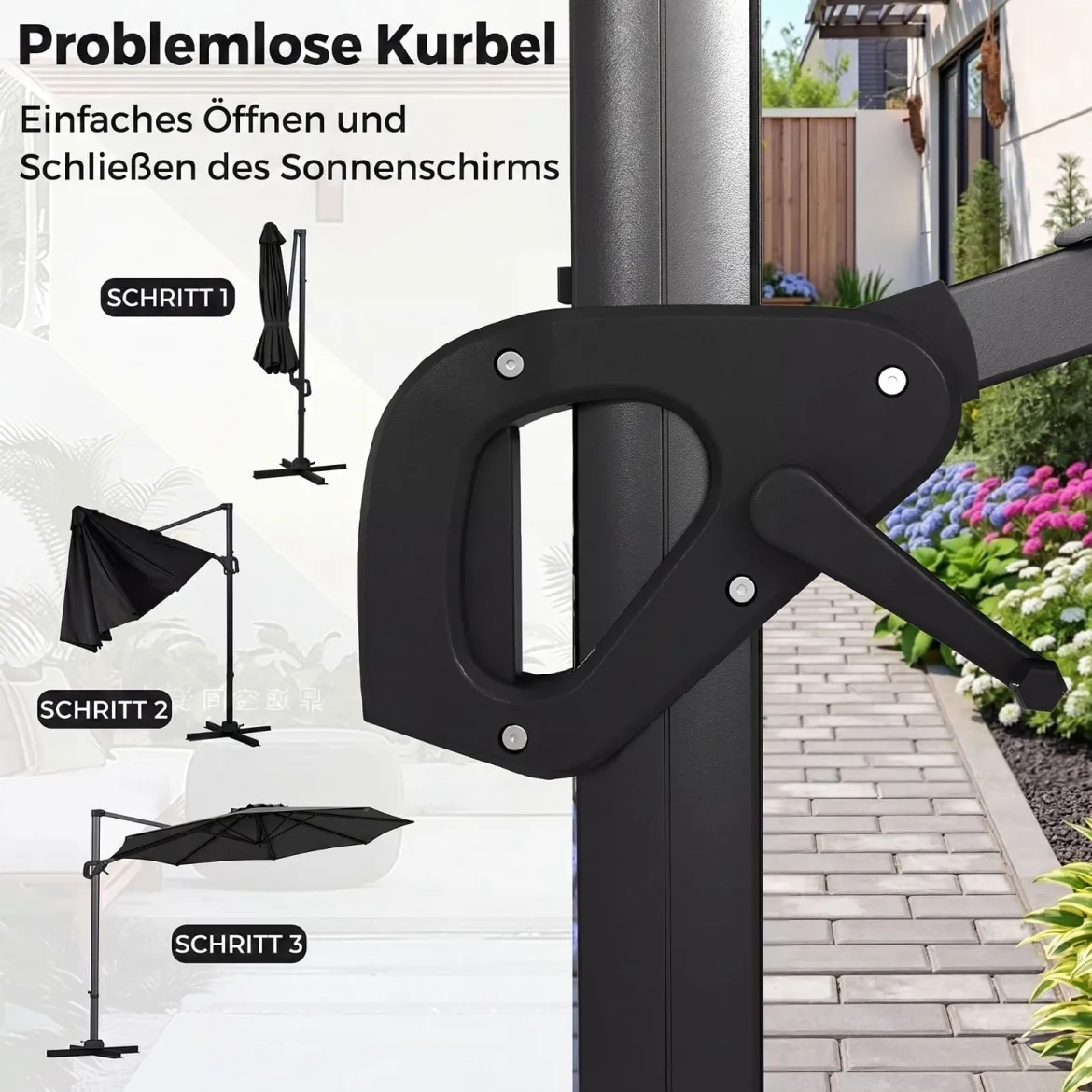 Ampelschirm Ø 300 cm Neigbarer Sonnenschirm 360° Drehbar mit Kurbel & Fußpedal Beige/Grau