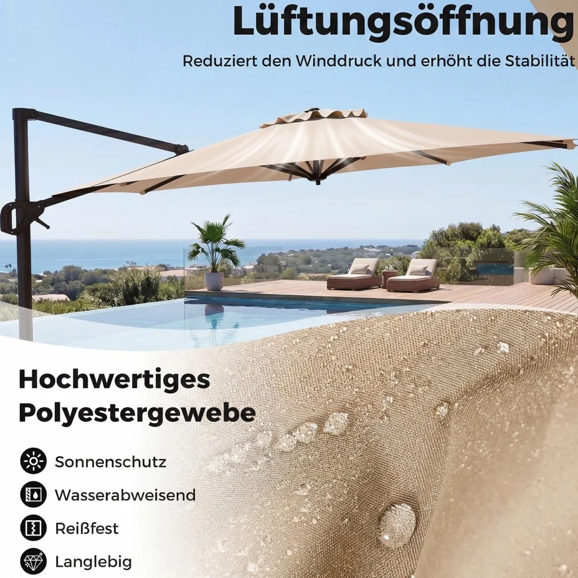 Ampelschirm Ø 300 cm Neigbarer Sonnenschirm 360° Drehbar mit Kurbel & Fußpedal Beige/Grau