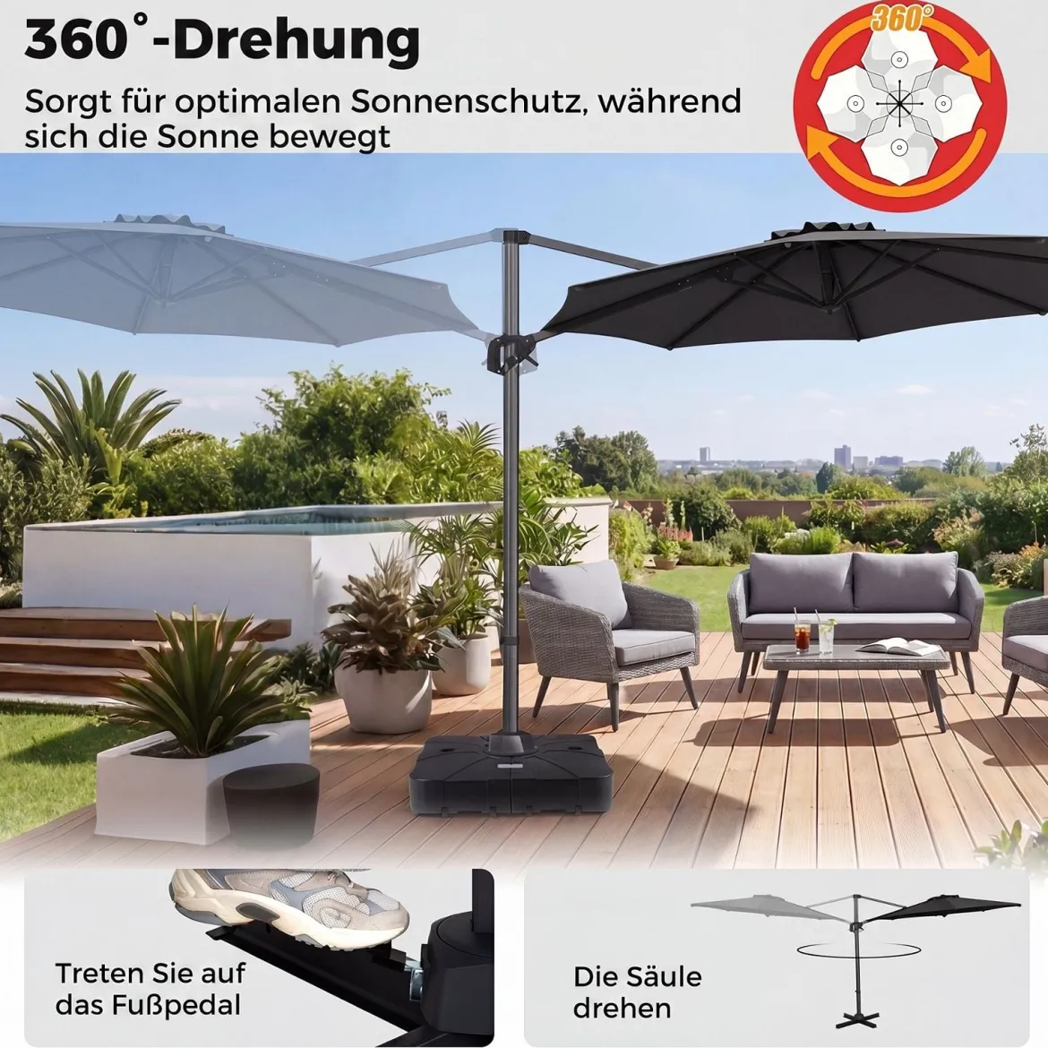 Ampelschirm Ø 300 cm Neigbarer Sonnenschirm 360° Drehbar mit Kurbel & Fußpedal Beige/Grau