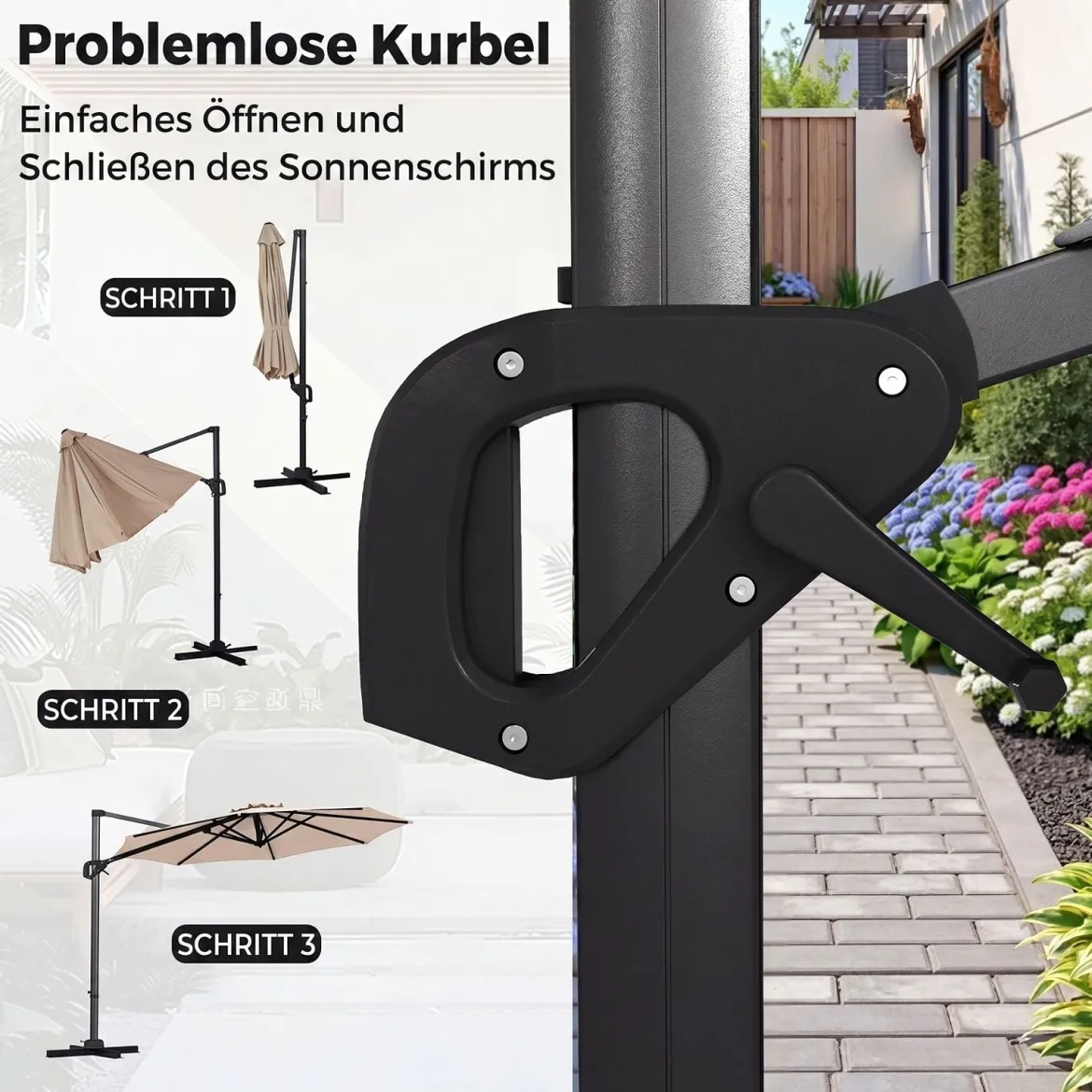 Ampelschirm Ø 300 cm Neigbarer Sonnenschirm 360° Drehbar mit Kurbel & Fußpedal Beige/Grau