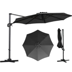 Ampelschirm Ø 300 cm Neigbarer Sonnenschirm 360° Drehbar mit Kurbel & Fußpedal Beige/Grau