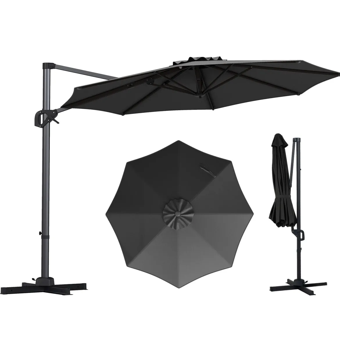 Ampelschirm Ø 300 cm Neigbarer Sonnenschirm 360° Drehbar mit Kurbel & Fußpedal Beige/Grau