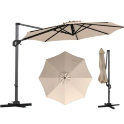Ampelschirm Ø 300 cm Neigbarer Sonnenschirm 360° Drehbar mit Kurbel & Fußpedal Beige/Grau