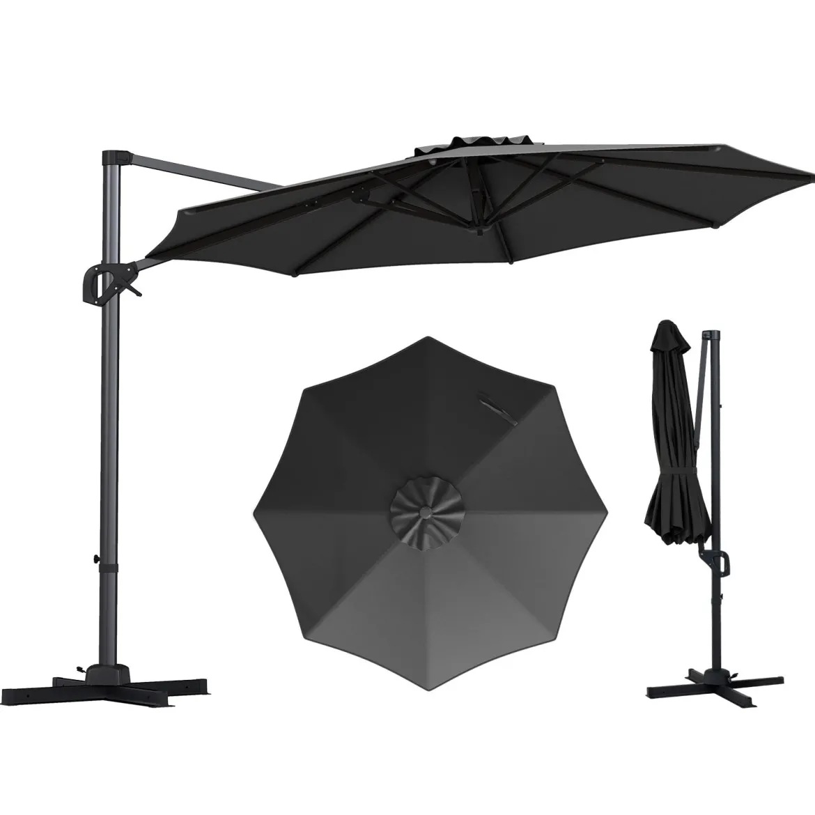 Ampelschirm Ø 300 cm Neigbarer Sonnenschirm 360° Drehbar mit Kurbel & Fußpedal Beige/Grau