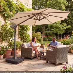 Ampelschirm Ø 300 cm Neigbarer Sonnenschirm 360° Drehbar mit Kurbel & Fußpedal Beige/Grau