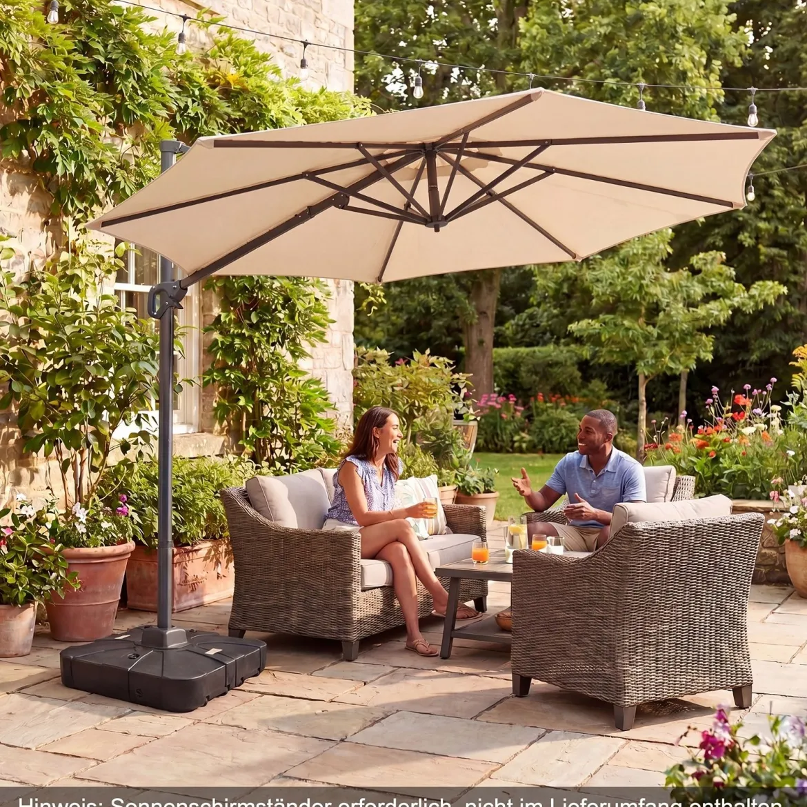 Ampelschirm Ø 300 cm Neigbarer Sonnenschirm 360° Drehbar mit Kurbel & Fußpedal Beige/Grau