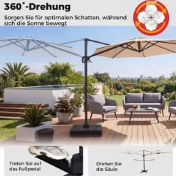Ampelschirm Ø 300 cm Neigbarer Sonnenschirm 360° Drehbar mit Kurbel & Fußpedal Beige/Grau