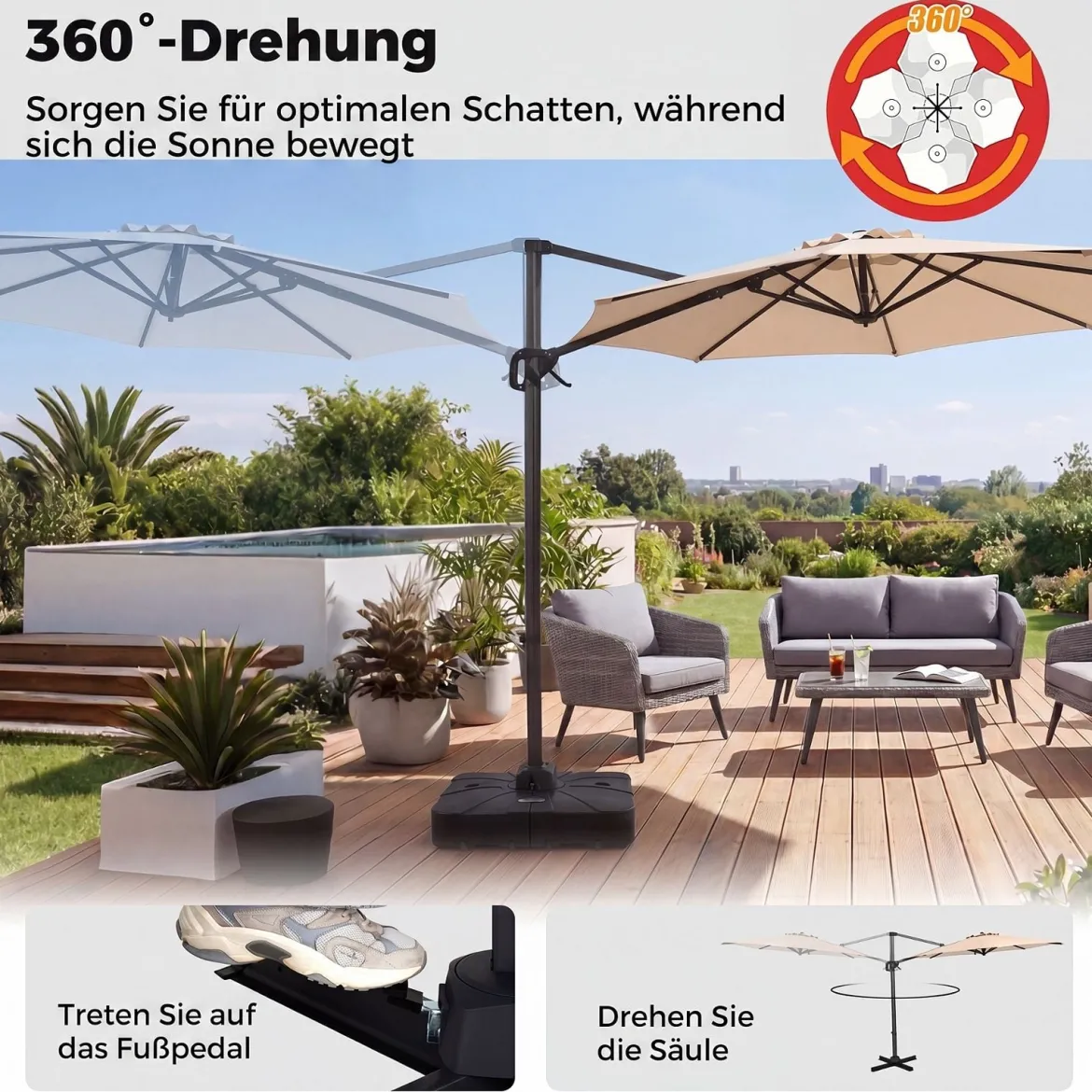 Ampelschirm Ø 300 cm Neigbarer Sonnenschirm 360° Drehbar mit Kurbel & Fußpedal Beige/Grau