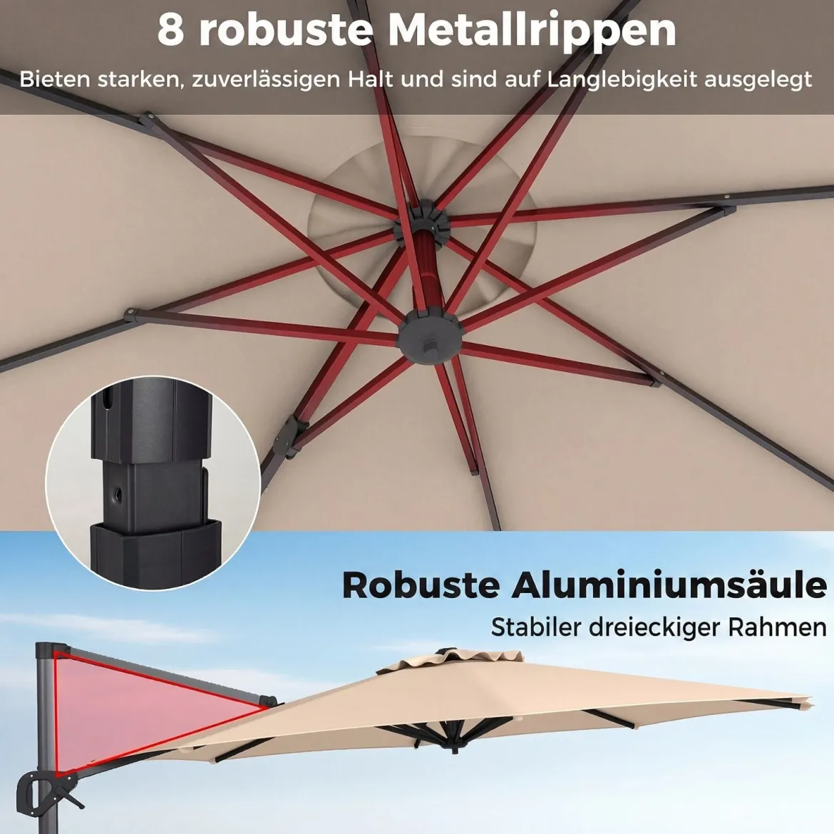 Ampelschirm Ø 300 cm Neigbarer Sonnenschirm 360° Drehbar mit Kurbel & Fußpedal Beige/Grau