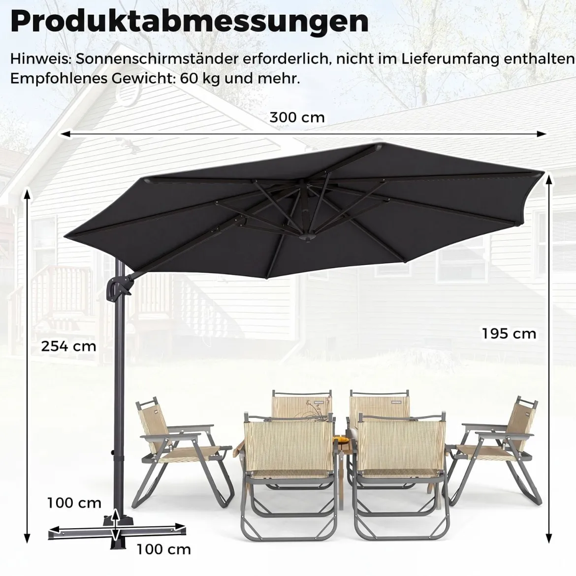 Ampelschirm Ø 300 cm Neigbarer Sonnenschirm 360° Drehbar mit Kurbel & Fußpedal Beige/Grau
