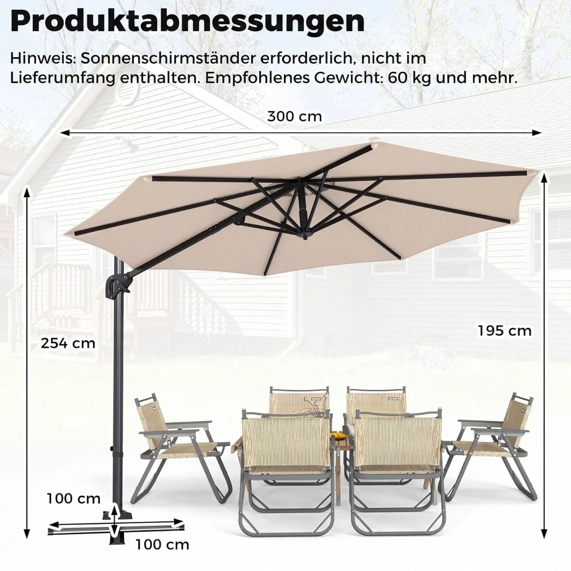 Ampelschirm Ø 300 cm Neigbarer Sonnenschirm 360° Drehbar mit Kurbel & Fußpedal Beige/Grau