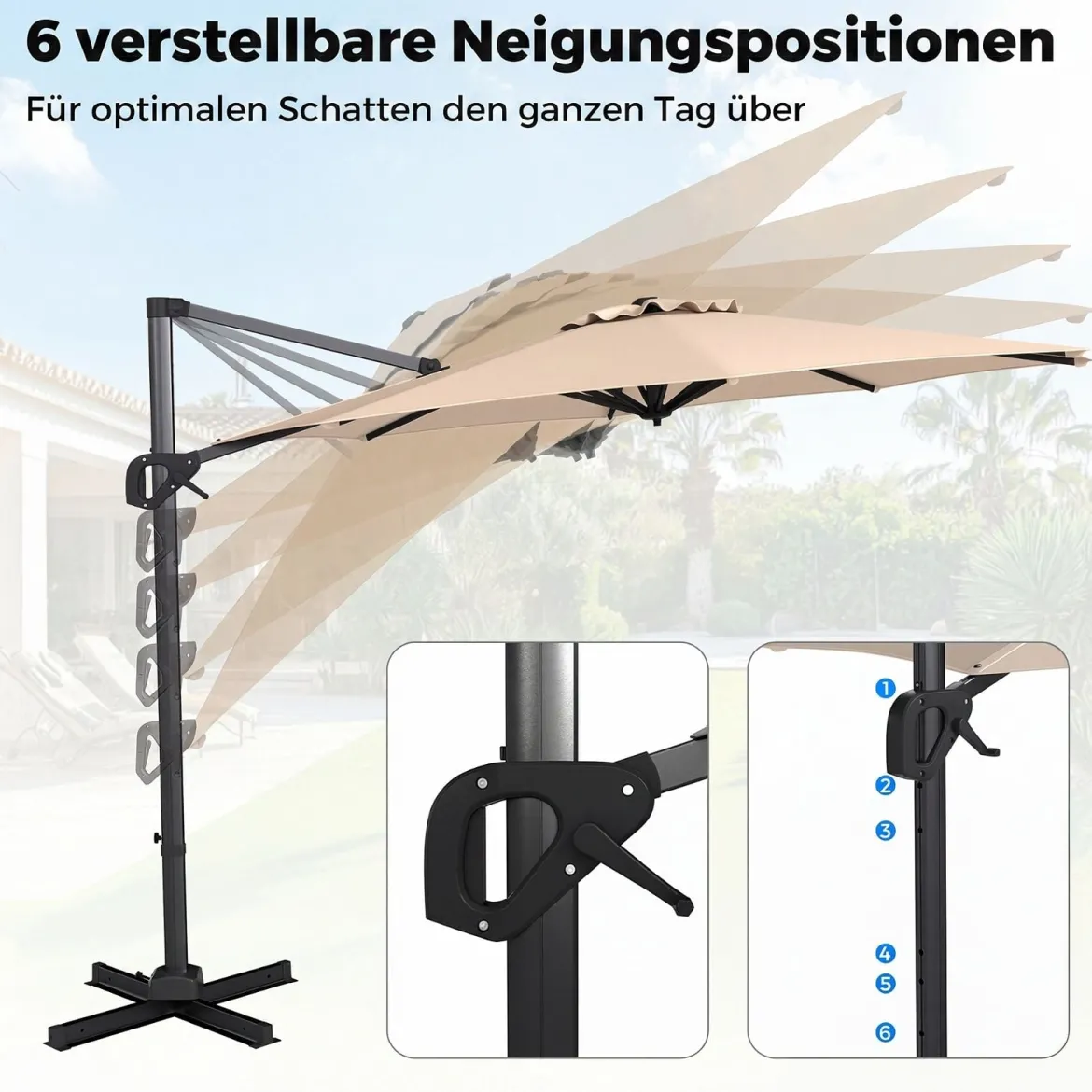 Ampelschirm Ø 300 cm Neigbarer Sonnenschirm 360° Drehbar mit Kurbel & Fußpedal Beige/Grau