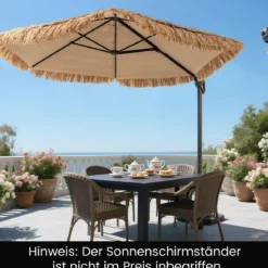 Ampelschirm Hawaii Ø 291 cm Sonnenschirm mit PE-Strohdach Kreuzfuß Metallgestell & Kurbel