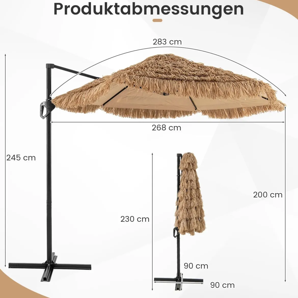 Ampelschirm Hawaii Ø 291 cm Sonnenschirm mit PE-Strohdach Kreuzfuß Metallgestell & Kurbel